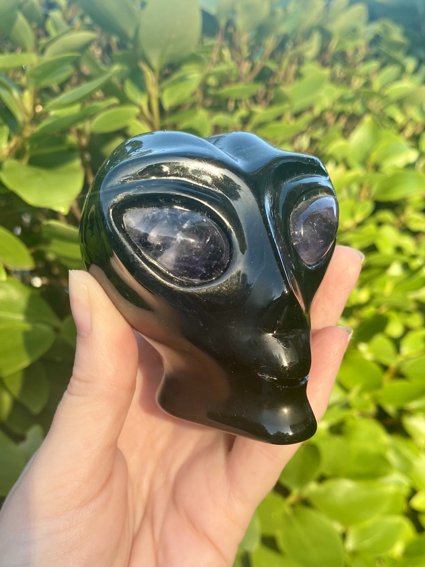 Black Obsidian Alien Head with Amethyst Eyes